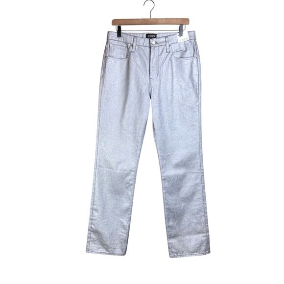 J. Crew Collection NWT Silver Metallic Waxed Mid Rise Slouchy Straight Jeans - Picture 1 of 9